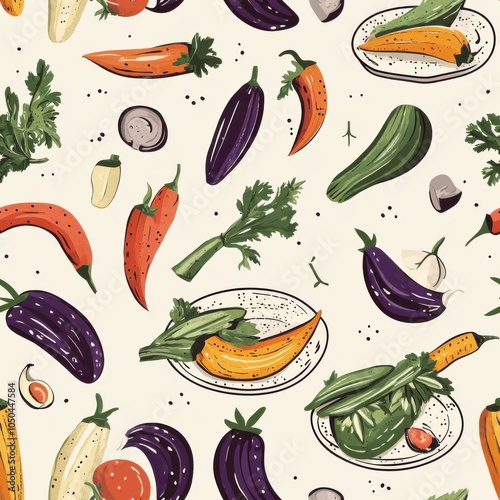 Vintage grilled vegetables on platter pattern on vintage beige fabric background, seamless repeating pattern, textile print style, minimal, seamless food dish pattern design, kitchen decor, dining