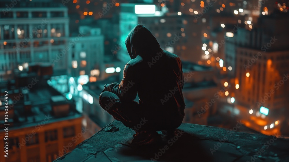 A figure in a hooded outfit sits on a ledge, overlooking a cityscape at night. A figure in a hooded outfit sits on a ledge, overlooking a cityscape at night.