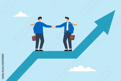 Flat illustration of two businessmen shaking hands on rising growth arrow cooperation partnership negotiation collaborate success team