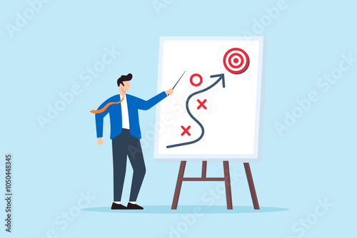 Flat illustration of smart businessman presenting business strategy on whiteboard marketing tactics project planning achieve target success winning photo