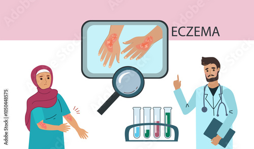 Muslim woman suffers from eczema. Psoriasis, dermatitis, Atopic dermatitis, Neuro dermatitis  and eczema skin diseases test. Symptoms and reasons infographic.Vector doodle hand drawn flat illustration