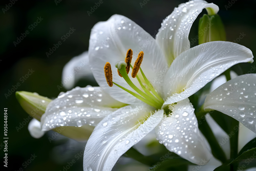 Fototapeta premium White Lily with Dew Drops on Petals 