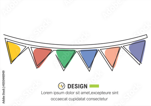 Continuous line art drawing buntings garland. Celebration party hand drawn flags. Vector linear illustration isolated on white.