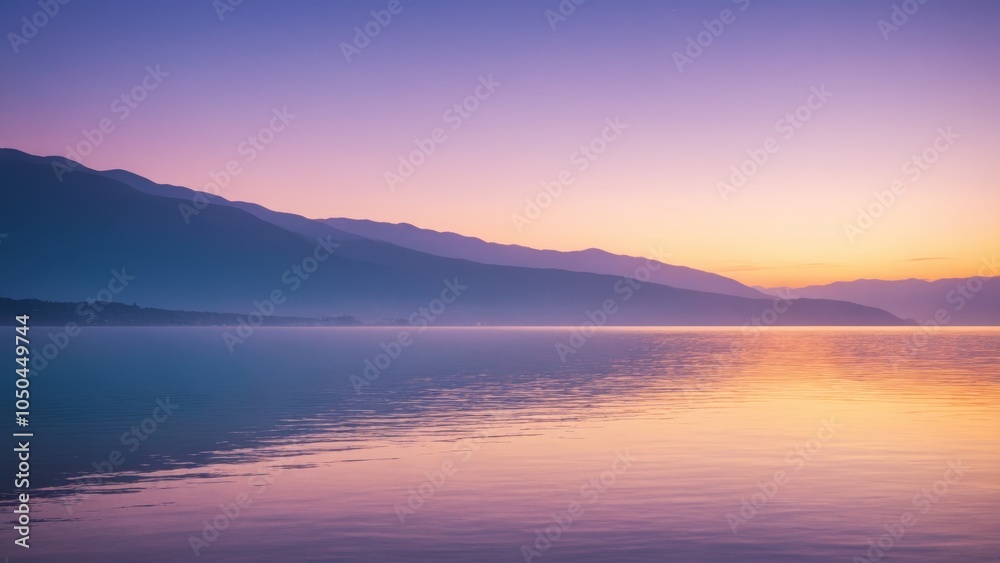 Tranquil sunrise over serene waters with distant mountains reflecting soft hues at dawn Tranquil sunrise over serene waters with distant mountains reflecting soft hues at dawn