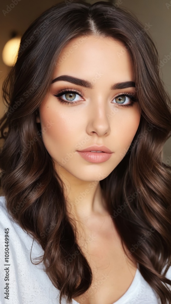 Captivating portrait of a young woman with elegant makeup and voluminous hair indoors Captivating portrait of a young woman with elegant makeup and voluminous hair indoors