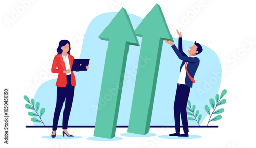 Business success arrow pointing up - Two businesspeople working with successful business growth, smiling looking at green arrows going upwards. Flat design illustration graphic on white background