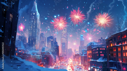 A colorful and festive cartoon depiction of fireworks over a snowy city, with bright flashes of light reflecting off the snow-covered buildings 