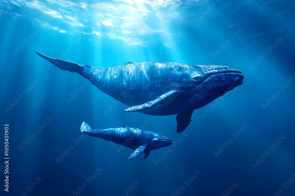 Fototapeta premium The blue whale swims gracefully across the sea with the calf, and the sunlight moves across the ocean