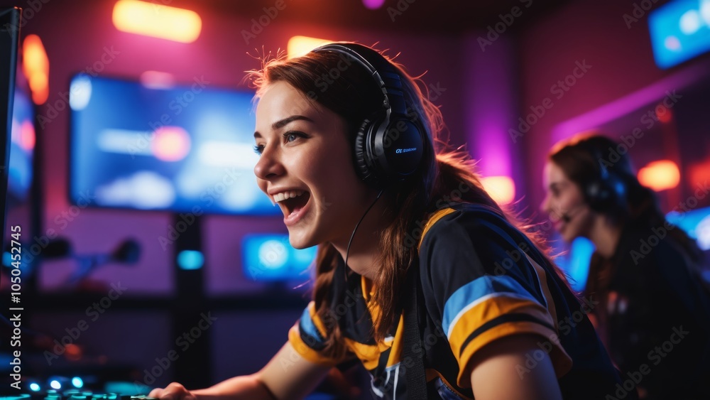Excited gamer enjoying intense competition in a vibrant esports arena at night Excited gamer enjoying intense competition in a vibrant esports arena at night
