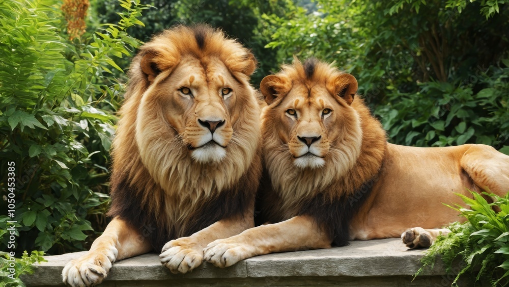 Naklejka premium A majestic lion and a gentle lamb resting together in a vibrant garden at sunrise