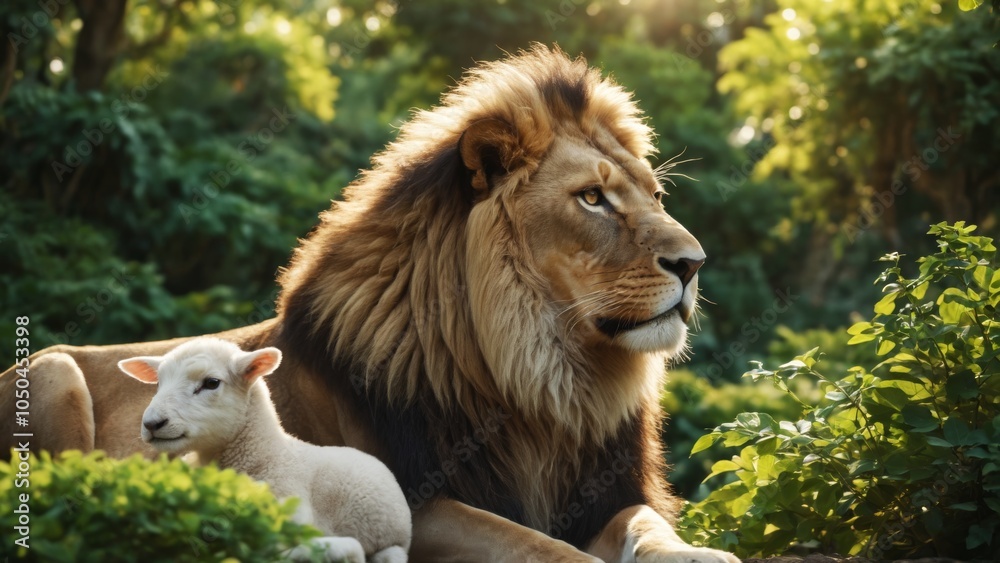 A serene moment of coexistence between a lion and a lamb in a lush green setting A serene moment of coexistence between a lion and a lamb in a lush green setting