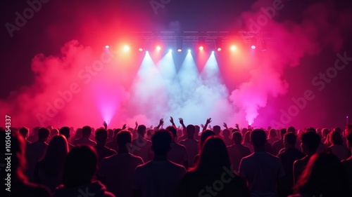 A vibrant music festival night with colorful lights and energetic crowd enjoying the performance photo