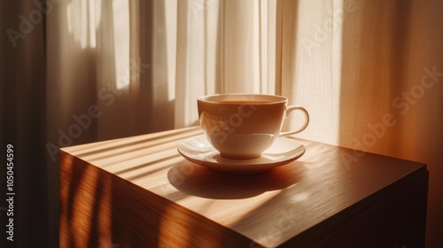 Coffee break with a simple cup and saucer on a bright, minimalist desk