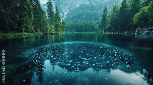 Fototapeta Naklejka Na Ścianę i Meble -  A serene lake where researchers use AI-powered sonar to track fish populations below, supporting sustainable fishing practices. The real-time data displays on a tablet, blending nature with 