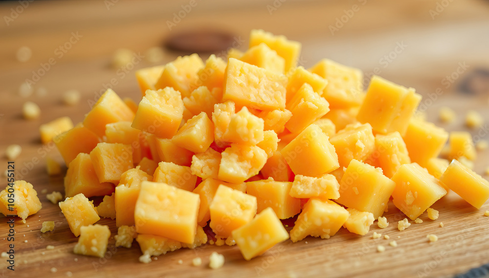 close-up of diced cheese pieces spread on wooden surface with warm yellow tone close-up of diced cheese pieces spread on wooden surface with warm yellow tone