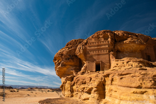 An ancient tomb in sandstone rock in Hegra near Alula the first Unesco site in Saudi Arabia