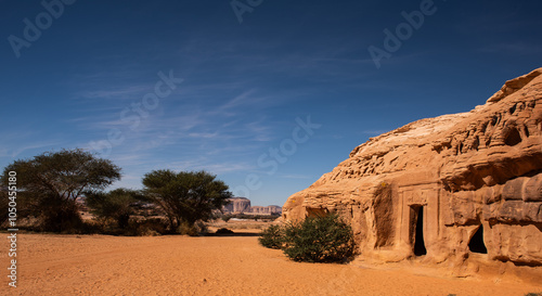 An ancient tomb in sandstone rock in Hegra near Alula the first Unesco site in Saudi Arabia