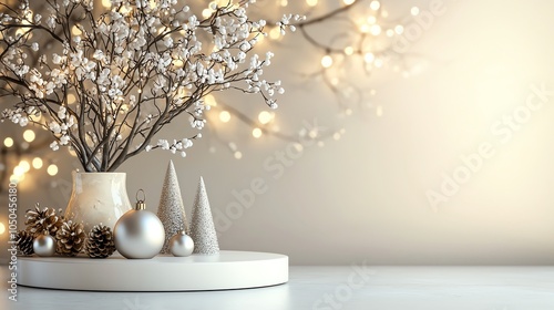 Modern podium with frosted decor, white lights, silver holiday accents, festive holiday elegance photo