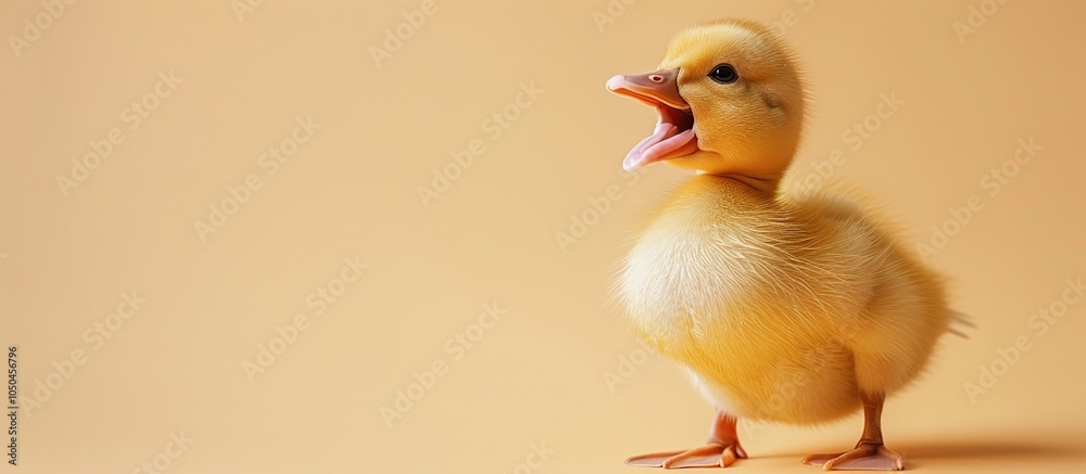Portrait a Little Duckling With Its Mouth Open. Baby Duck Standing On Yellow Background. Copy Space For Add Text. Generate Ai Image Portrait a Little Duckling With Its Mouth Open. Baby Duck Standing On Yellow Background. Copy Space For Add Text. Generate Ai Image
