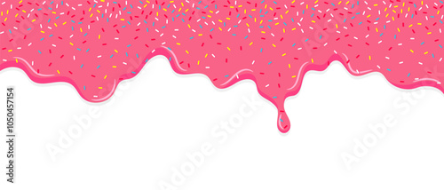 Dripping pink sweet donut glaze vector background, Colorful sprinkles banner background