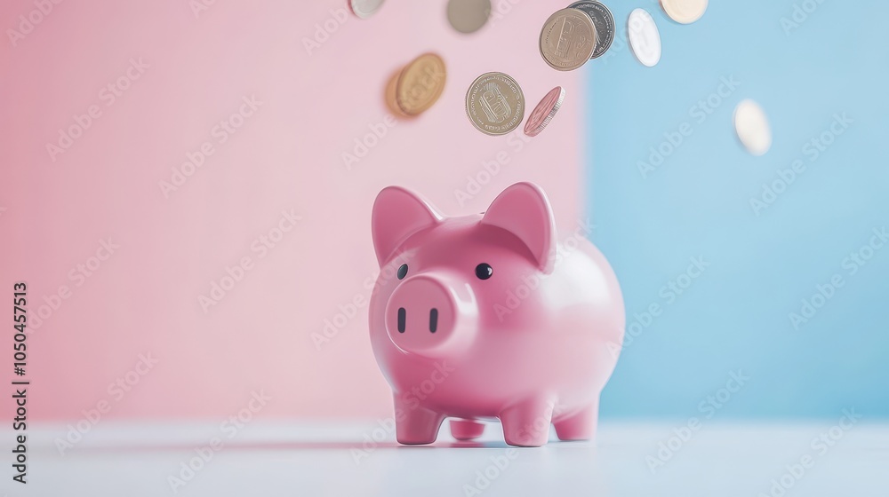 Pink Piggy Bank with Coins Falling Into It Pink Piggy Bank with Coins Falling Into It