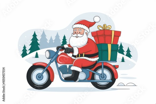 Whimsical Cartoon Santa Claus Motorcycle Delivering Christmas Gifts - Festive Holiday Illustration Marketing, Greeting Cards, Seasonal Decorations