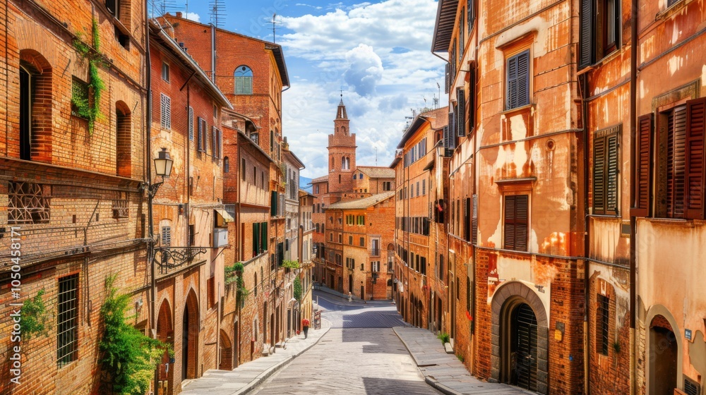Naklejka premium A picturesque view of the charming streets and medieval architecture of Siena with its historic buildings and quaint alleyways, urban setting with warm browns and muted greens, Siena style