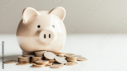 Close Up of Piggy Bank with Pile of Coins photo