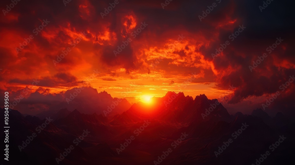 Silhouetted mountains at sunset with red clouds. Silhouetted mountains at sunset with red clouds.