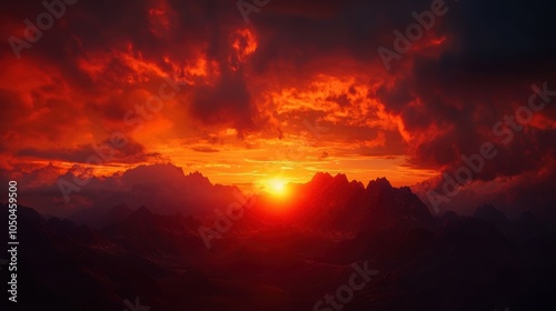 Silhouetted mountains at sunset with red clouds.