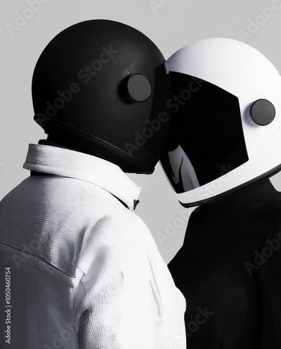 Futuristic Couple in Black and White Helmets Embracing futuristic romantic love for Valentine day	
