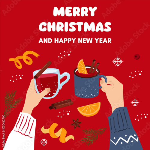 Merry Christmas card. Group of people drinking winter drinks. People celebrate Christmas and New Year together. Hands hold cups of mulled wine.