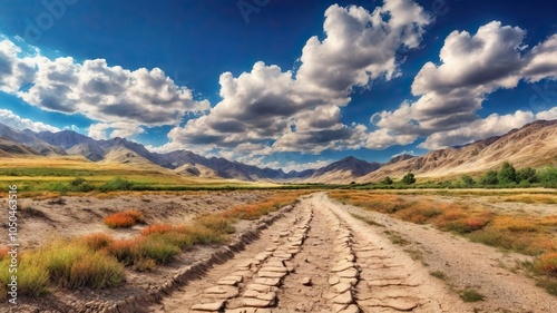 The Dusty Dirt Track Road. Highway in to the mountains, with blue skies and clouds. Ideal Desktop background or Wallpaper.