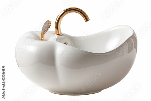 
White ceramic sink with gold apple shaped faucet with rounded edges for added visual appeal. photo