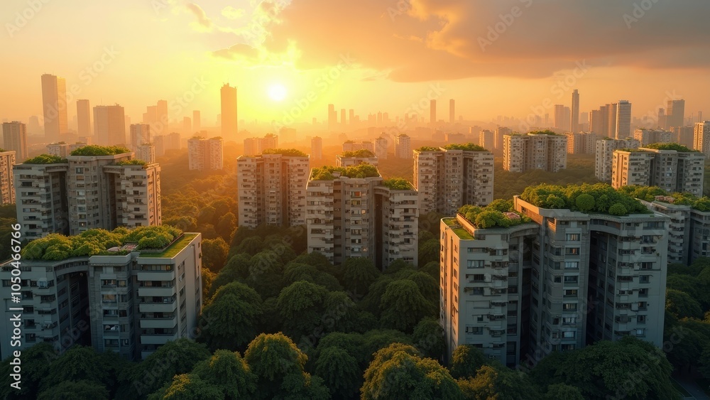 Obraz premium Sunset Over a City of Green Rooftops: A Sustainable Urban Landscape