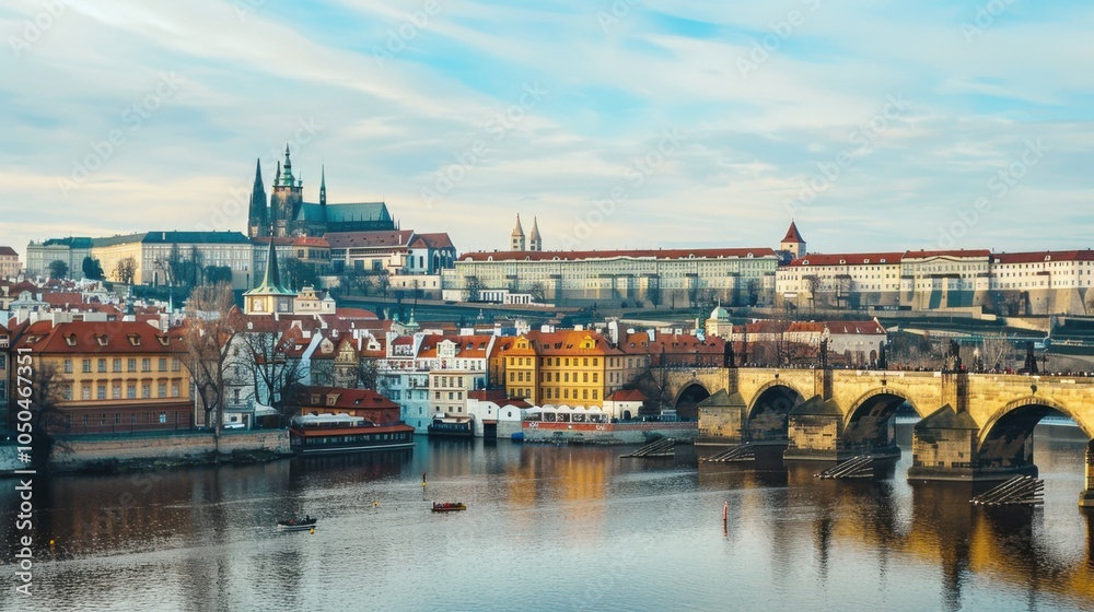 Fototapeta premium A picturesque view of the historic streets and medieval architecture of Prague with its iconic castle and Charles Bridge spanning the Vltava River, historic setting with warm, earthy tones