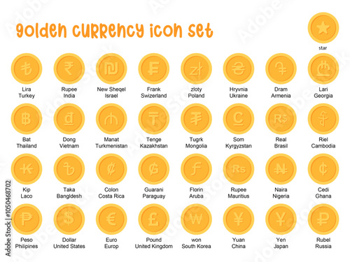 Set of golden-coloured global currency coin icon set flat design