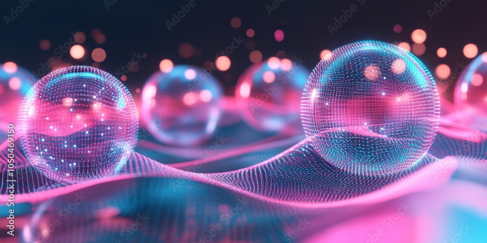 background with glowing lights. Abstract representation of cosmic spheres and energy flows in a vibrant digital landscape