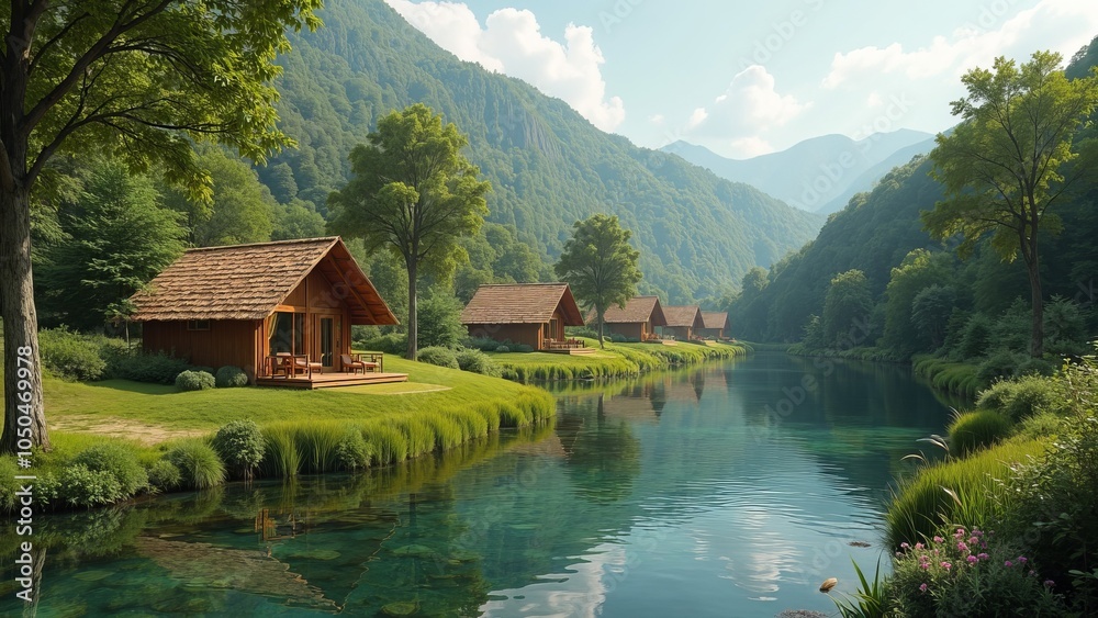Fototapeta premium Picturesque Riverside Eco-Homes in a Lush Natural Landscape