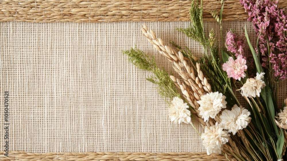 Obraz premium 春の装飾と環境に優しいデザインのための黄麻布の素朴なフラワーアレンジメント
