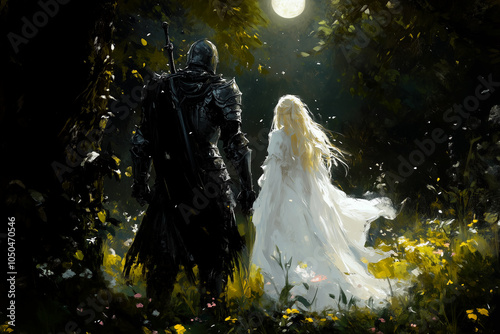 A romantic image in the dark fantasy style, featuring a beautiful princess and a knight in black armor. They stand in a field of flowers, and the image evokes both romance and sadness simultaneously.