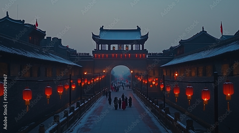 Fototapeta premium Xi'an Ancient Culture, the magnificent view of Xi'an Old City Gate with city walls and red lanterns hanging along the street, Ai generated images
