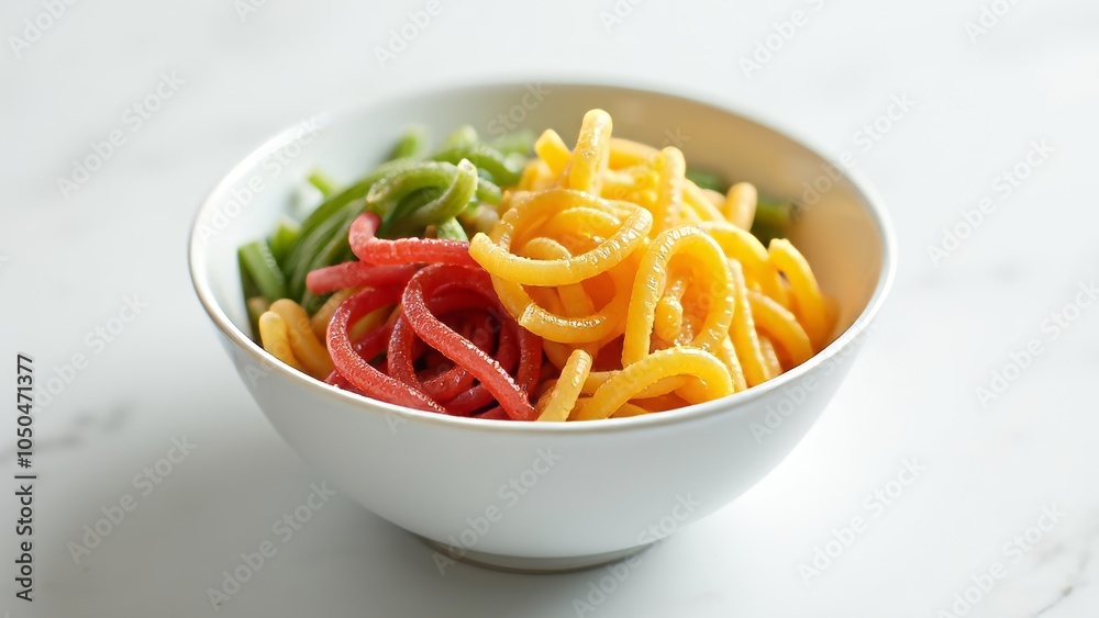 Colorful Spiral Pasta Arrangement in Elegant White Bowl Colorful Spiral Pasta Arrangement in Elegant White Bowl