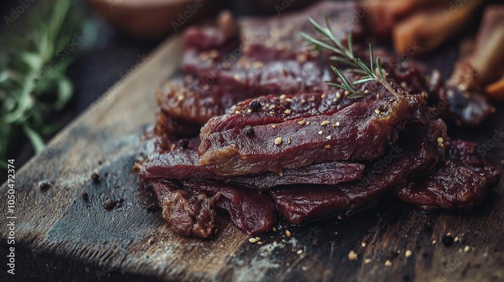 Close up jerked meat, cow, deer, wild beast or biltong Close up jerked meat, cow, deer, wild beast or biltong