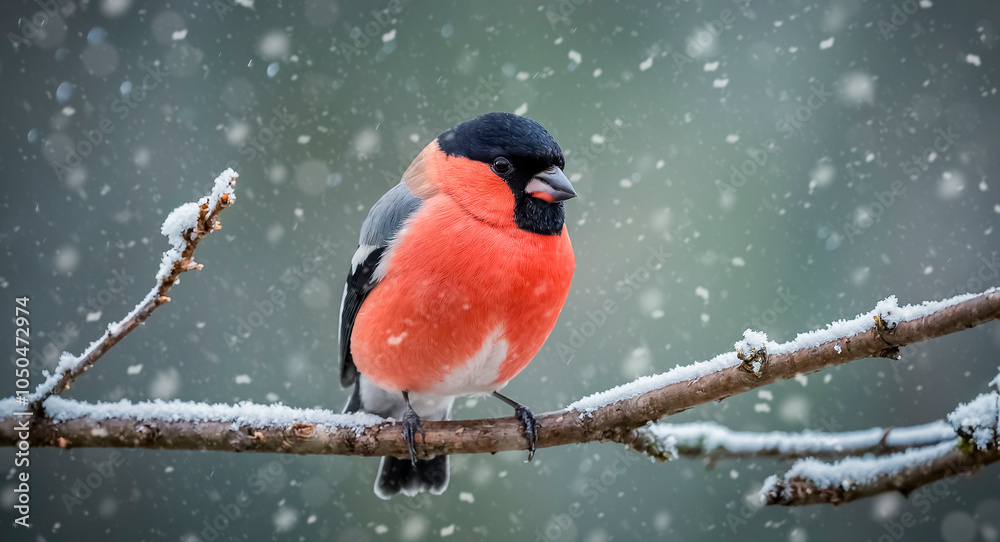Fototapeta premium Bullfinch on a tree branch in snowy weather