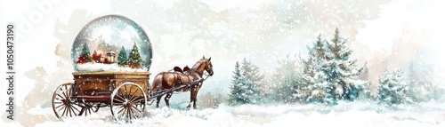 A picturesque winter scene featuring a horse-drawn sleigh and a snow globe, surrounded by frosty trees and serene snow. photo