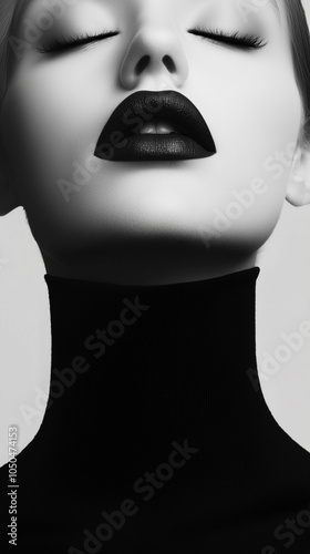 black and white photo of woman with black lipstick teeth closed eyes vertical makeup brand marketing social media post fashion beauty mobile cosmetics branding background wallpaper brand backdrop