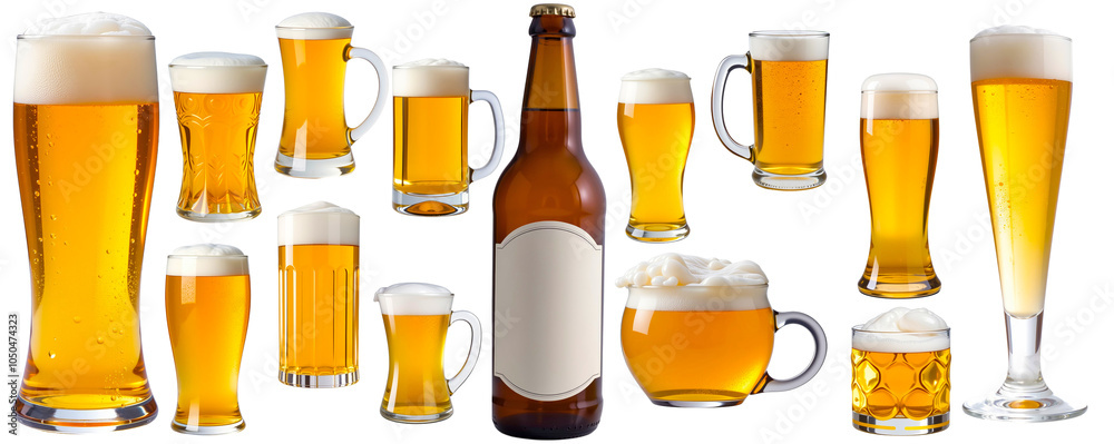 Beer Variety: A collection of various beer glasses and bottles, showcasing the diverse range of styles and sizes enjoyed by beer lovers. This assortment provides a visual feast for the eyes. Beer Variety: A collection of various beer glasses and bottles, showcasing the diverse range of styles and sizes enjoyed by beer lovers. This assortment provides a visual feast for the eyes.