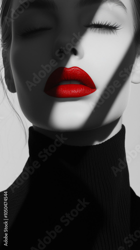 photo of woman with red lipstick teeth closed eyes vertical makeup brand marketing social media post fashion beauty mobile cosmetics branding background wallpaper brand backdrop light shadows dramatic