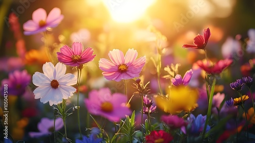 Colorful wildflower meadow in the sunshine A vibrant meadow full of colorful wildflowers that blow in the gentle spring wind and display their splendor of color.